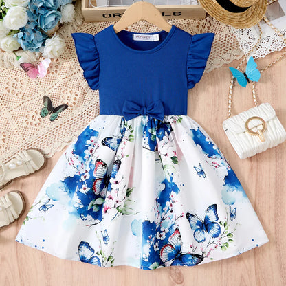 New Summer Children Dresses With Bow Print Casual Dress Outdoor Carnival Birthday Party Girl Clothes Cute Girl Skirt 2-10Y