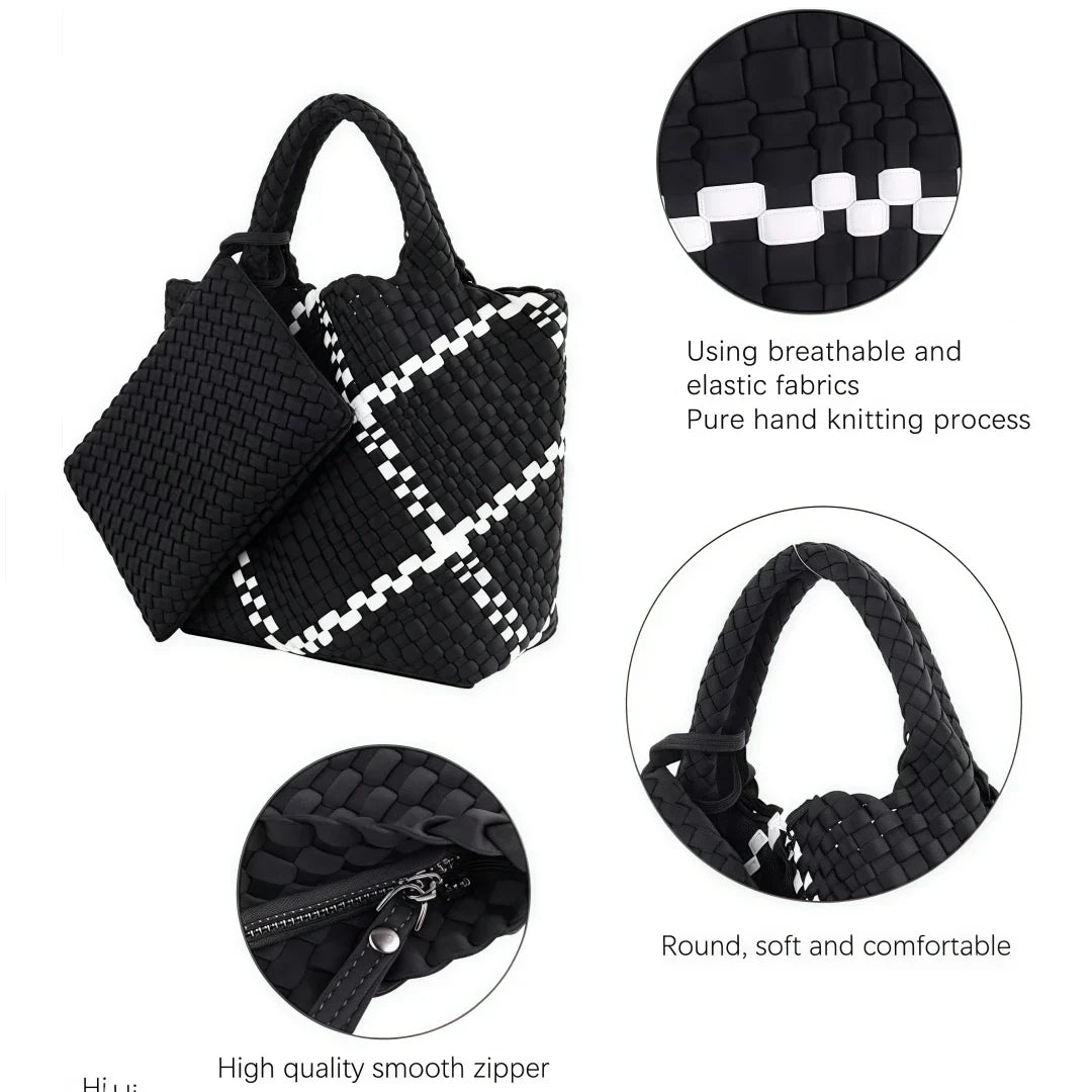 Woven Bag for Women, Neoprene Tote Bag Summer Beach Handbag Purse Retro Handmade Travel Shoulder Bag Set Neoprene Weave Tote Bag