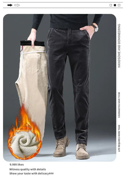 Fleece Winter Brand Men Clothing Corduroy Pants Warm Business Slim Velvet Korean Casual Trousers Male Plush Pants