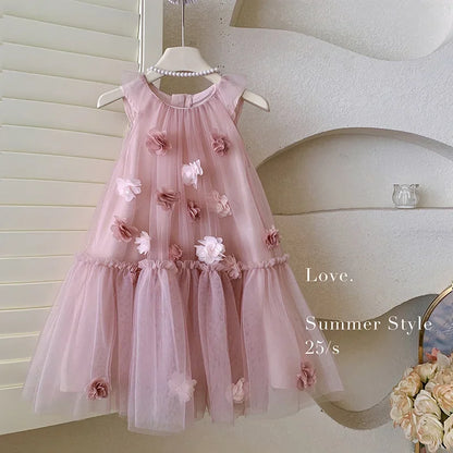 Girls' Sleeveless Floral Mesh Dress - Princess Party Gown for Toddlers 2-8 Years, Breathable Wedding & Special Occasion Dress