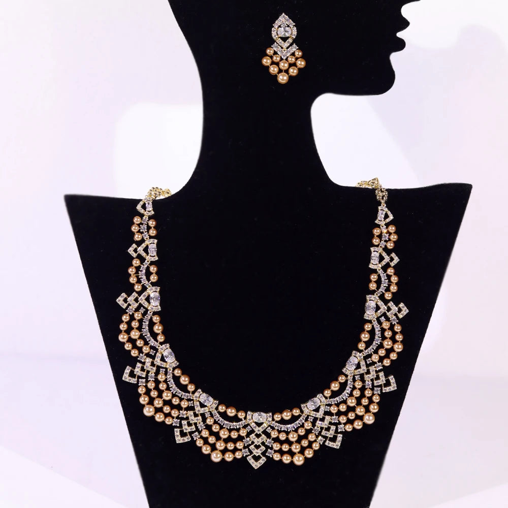 Luxury Crystal Zircon Circular Shape golden Pearl Necklace Women Dubai Bridal Wedding Birthday Party Indian Jewelry Set Gift