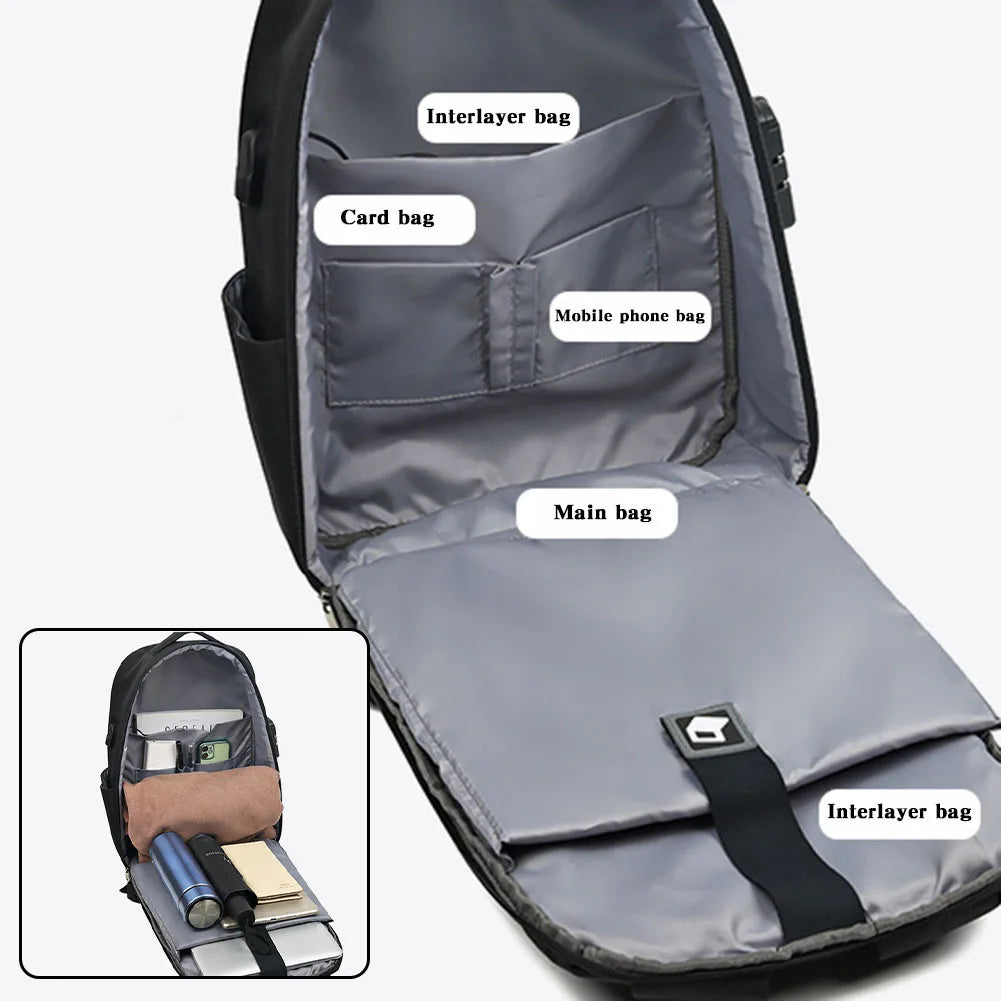Men Portable Casual Backpack Large Capacity Zipper Daypack Secure Password Lock Waterproof with USB Charging Port Laptop Bag