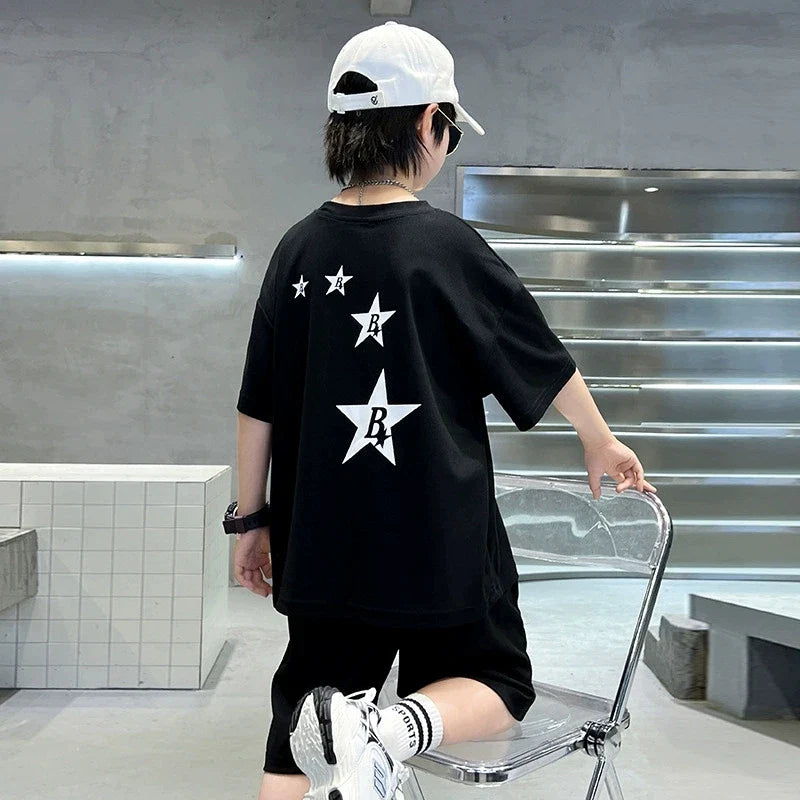 New Summer Teenager Boys Clothing Set Cotton Letter Short Sleeve T-shirt Shorts 2Pcs For 4-14 Years Kids Tracksuits Child Cloth