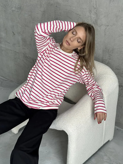 2025 Summer Long Sleeve Striped T-Shirts Women Basic Casual Tops Female Cozy Loose Cotton Tees Harajuku T Shirt New