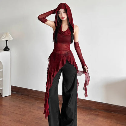 Streetwear 90s Grunge Mesh See Through Hooded Tops Cyber Y2K Irregular Hem Ruffles Hoodie Women Slim Blouse with Cuffs