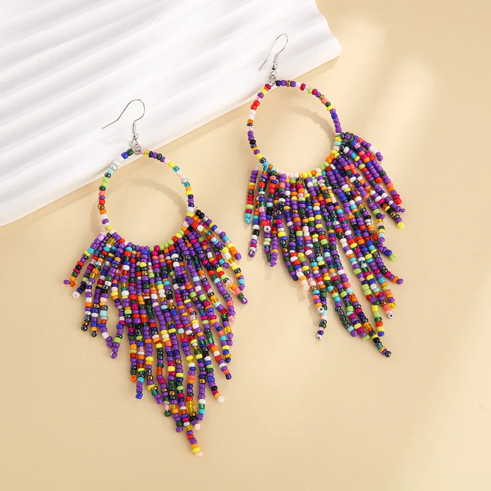 White Rice Beads Earrings For Women Retro Boho Tassels Water Drop Earrings Exaggerated Ethnic Style Earrings Jewelry