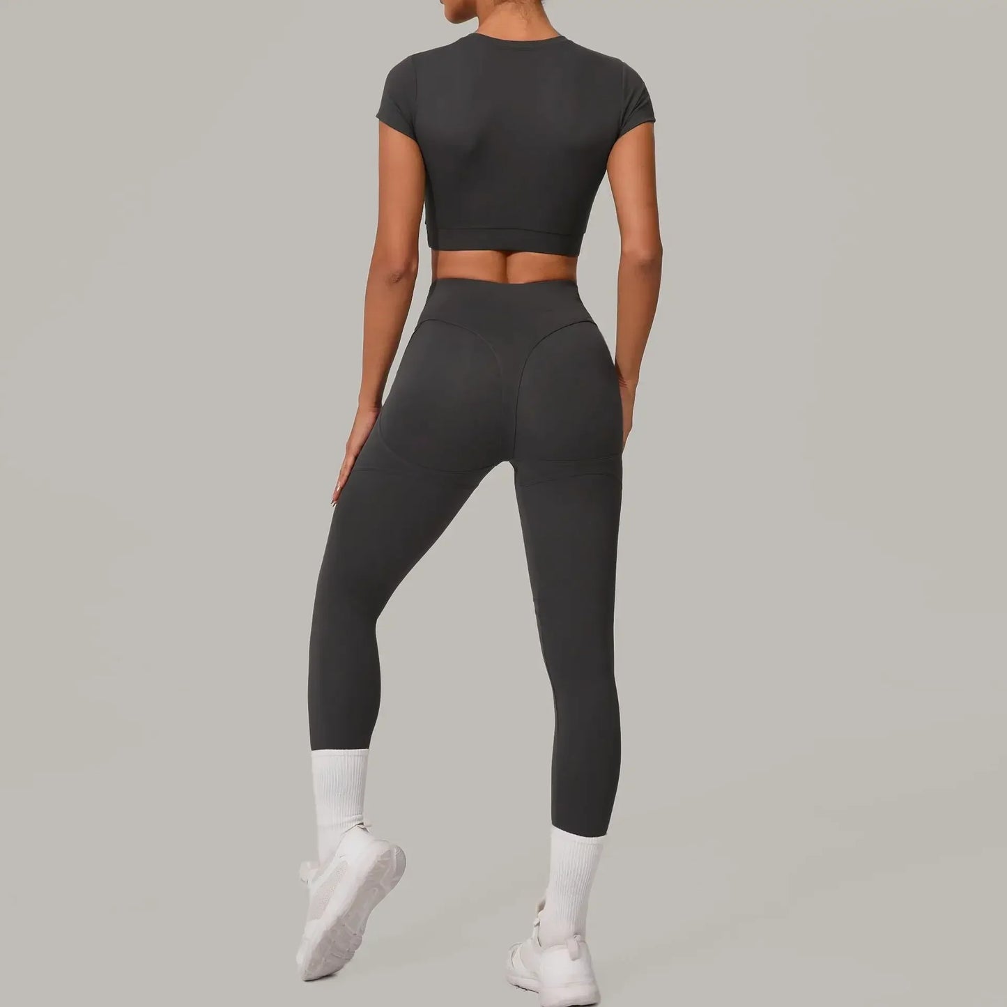 Gym Workout Yoga Fitness Sports Suit Short-sleeved Top Padded-free High-waisted Hip-lifting Trousers Outdoors Leisure Sportswear