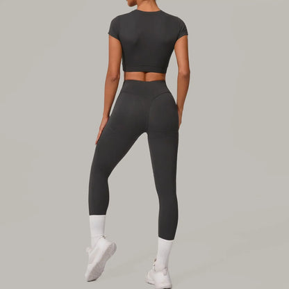 Gym Workout Yoga Fitness Sports Suit Short-sleeved Top Padded-free High-waisted Hip-lifting Trousers Outdoors Leisure Sportswear
