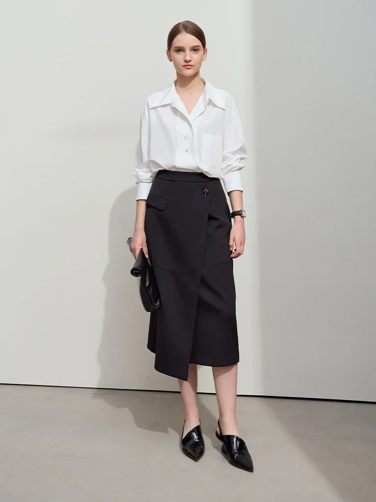 Minimalist 2025 Autumn Midi Skirts Women Commute Elegant Office Lady Versatile Asymmetrical Drape Straight Skirt 12521006