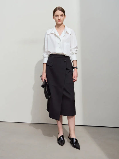 Minimalist 2025 Autumn Midi Skirts Women Commute Elegant Office Lady Versatile Asymmetrical Drape Straight Skirt 12521006
