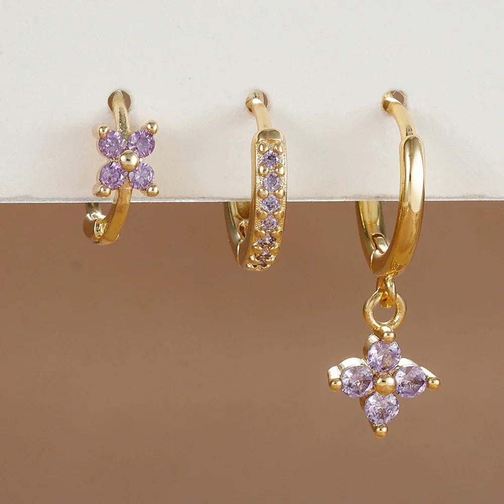 3PCS Trendy Stainless Steel Flower Drop Earring Set For Women Crystal Zirconia Dangle Earring Hypoallerg Piercing Jewelry aretes