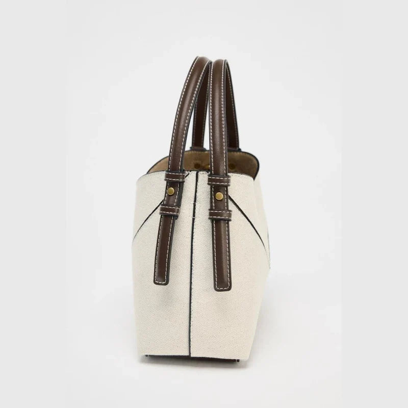 CONTRAST CANVAS MINI SHOPPER, Fashionable Bucket Bag, Designer Shoulder Handbags, Luxury Handle & Removable Crossbody Strap