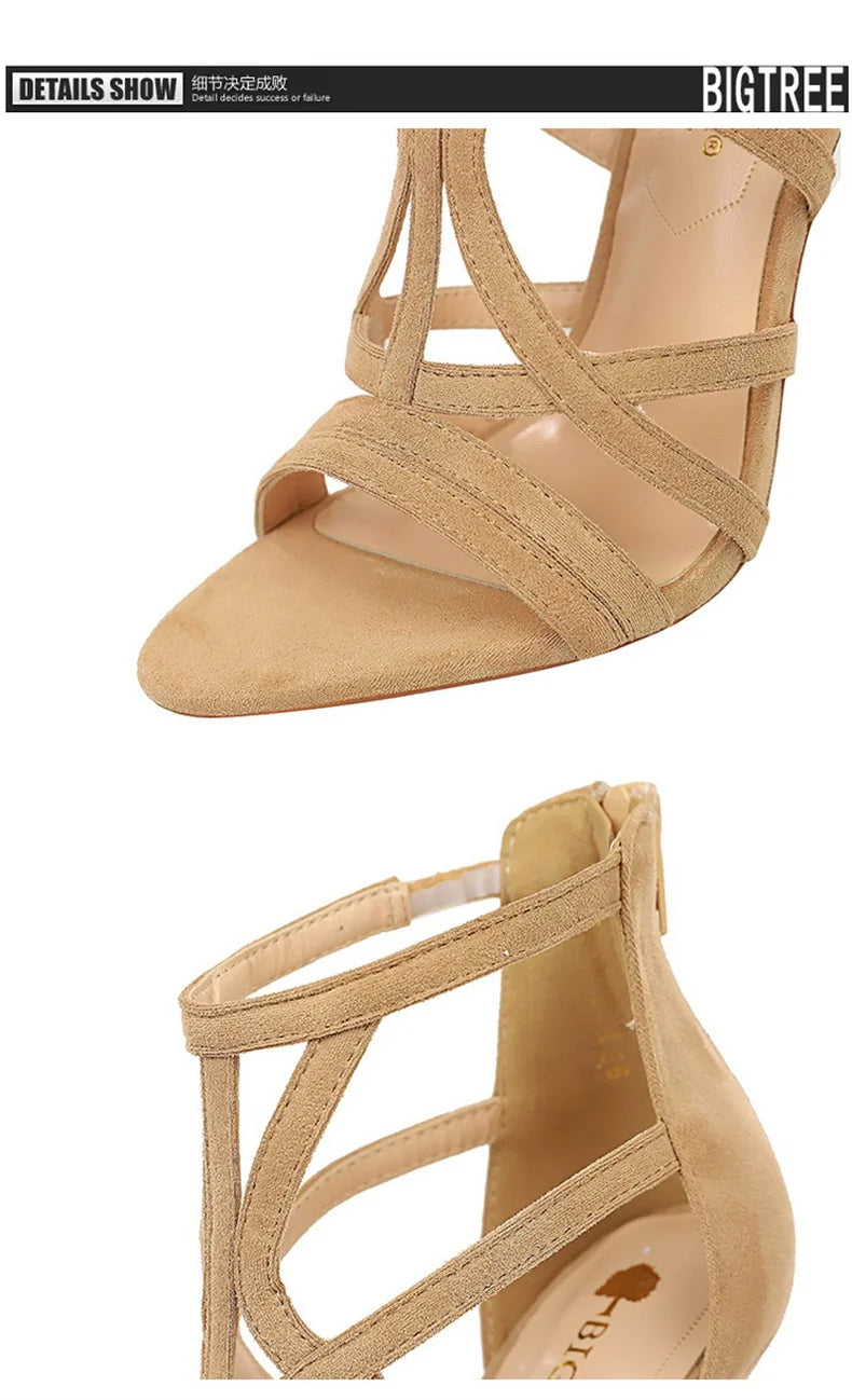 Women Roman Style Thin High Heels Pumps Pointed Toe Suede Hollow Strap Party Shoes Solid Ankle Zip Summer Sandals