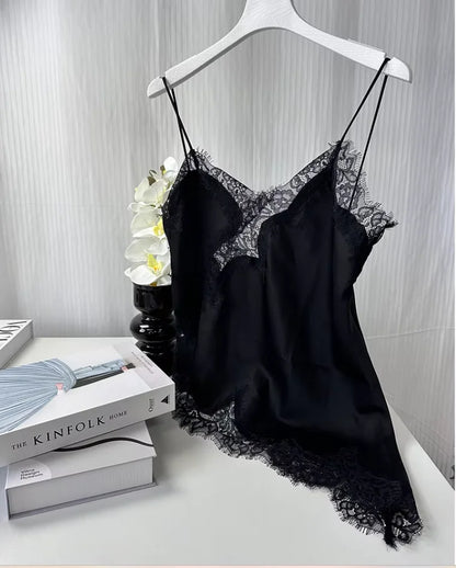 Black Lace Cami Tops Women V Neck Patchwork Sleeveless Y2K Girl Top Fashion 2025 Summer Fall Holiday Beach Top