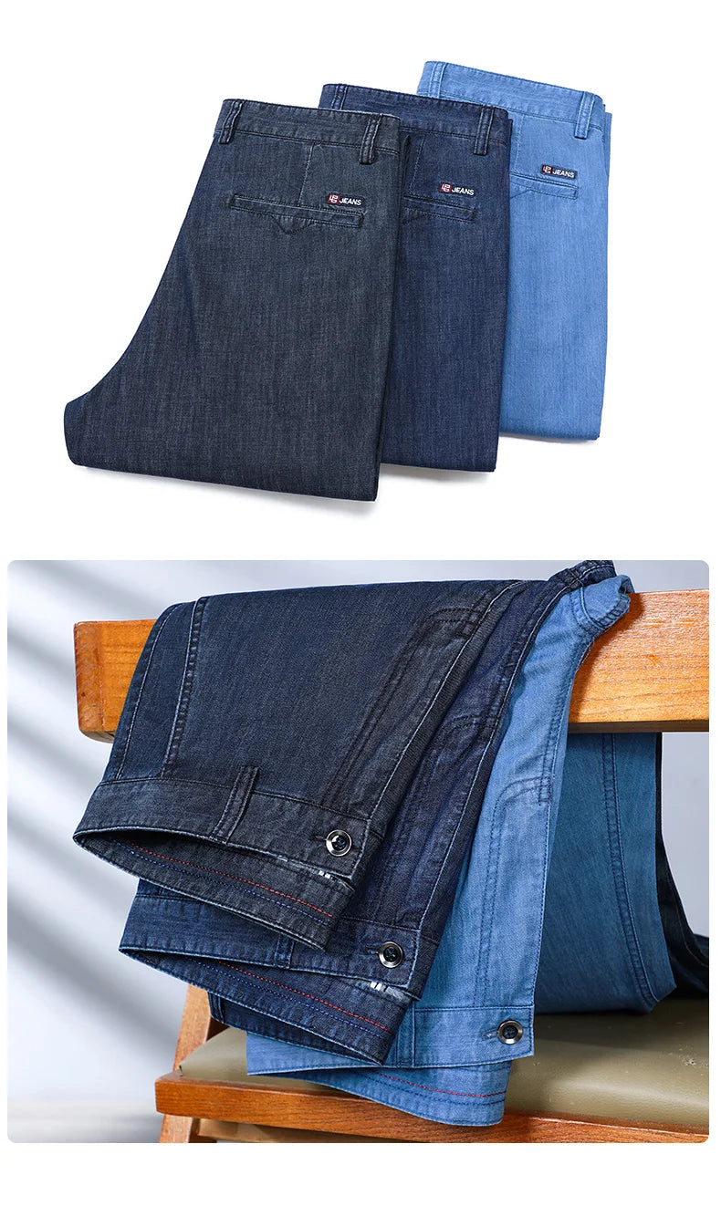 2026 Thin Stretch Denim Business Casual High Waist  High Lyocell  Men's Fit Straight Lightweight Cotton  Light Grey Jeans
