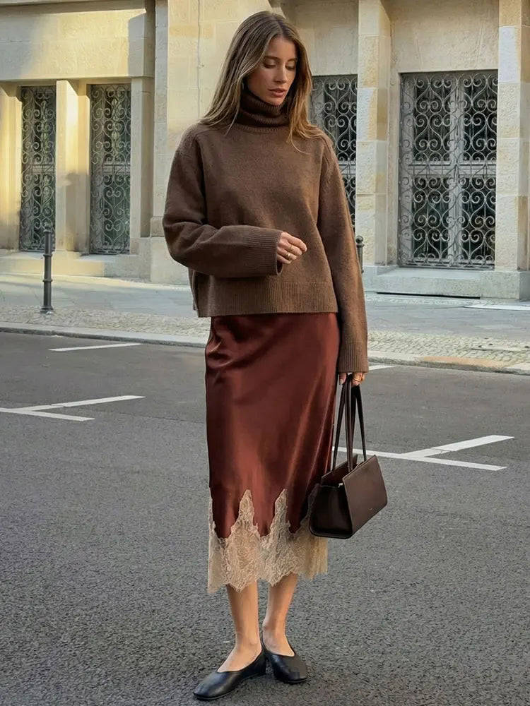 Women Lace Patchwork Midi Skirt Slim High Waist Satin Skirts Summer Trend Woman Elegant Evening Party Chic Skirts ﻿Mujer