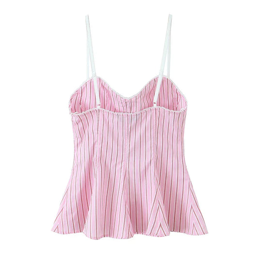 Women Fashion With Bow Striped Backless Side Zipper Tops Vintage Thin Straps V-Neck Female Chic Lady Camis