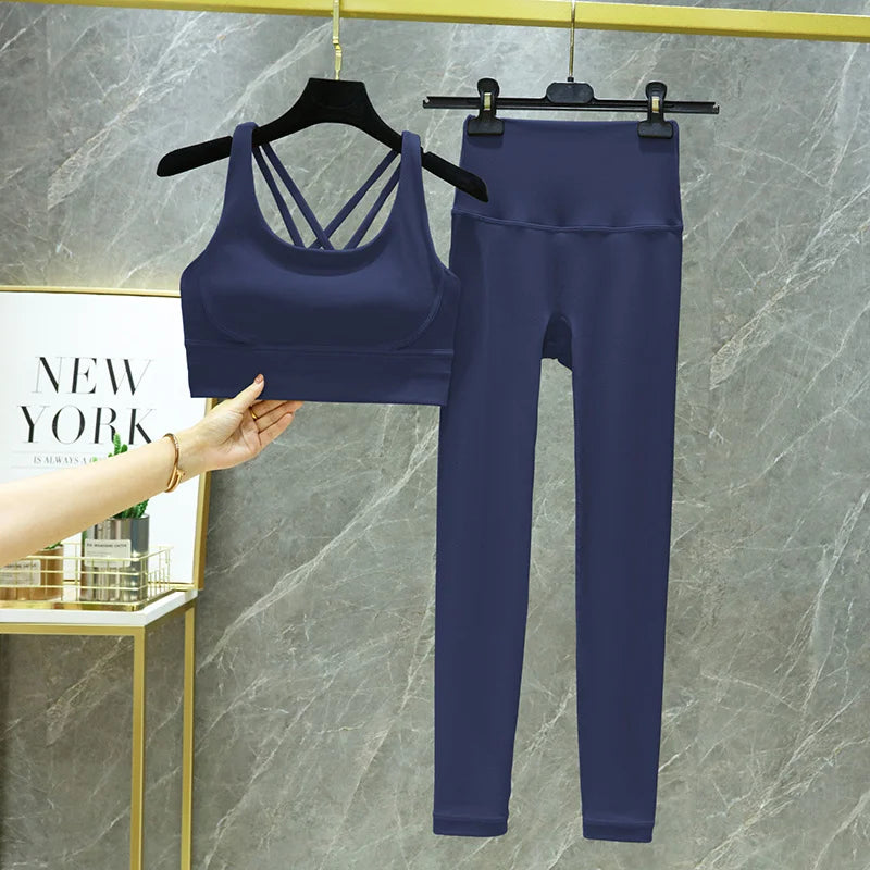 TRY TO BN Tummy Control Gym Set 2 Piece High Waisted Leggings Cross Bra Squat Proof Fitness Breathable Yoga Outfits Workout Set