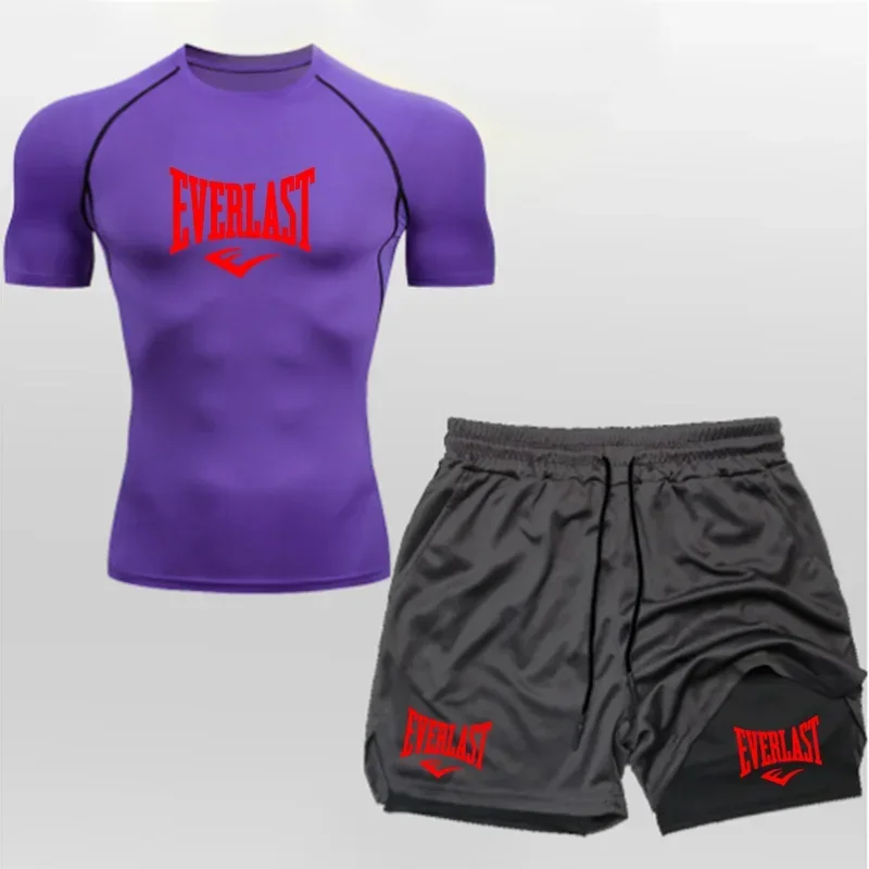 Men's Compress Shirt + 2-in-1 sports shorts 2pcs Set Leisure Breath Short Sleeve Sport Jogging Gym Brand Print Clothing