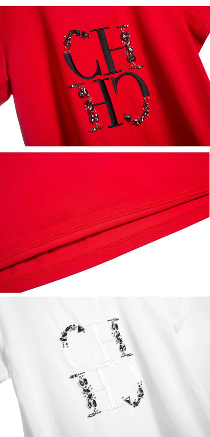 Women's T-shirt 2025 New Hand Embroidered Heavy Industry Casual Top Simple Round Neck Short Sleeve Women's Clothing