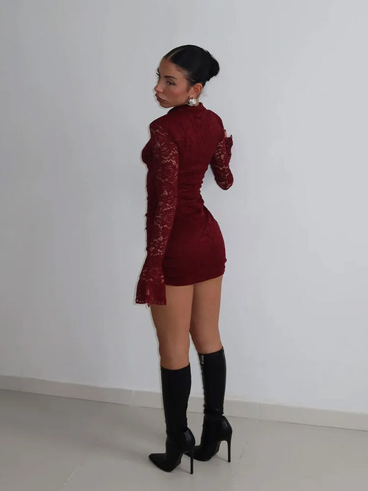 Lace Women's Mini Dresses Solid Sheer Hollow Out Turtleneck Long Flare Sleeves Sheath Bodycon Streetwear Vestidos