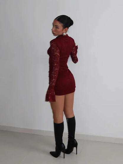 Sexy Lace Women's Mini Dresses Solid Sheer Hollow Out Turtleneck Long Flare Sleeves Sheath Bodycon Streetwear Vestidos