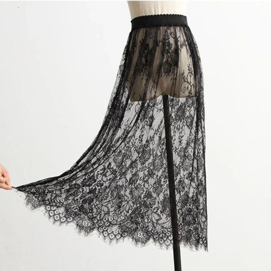 Transparent Sexy Lace Mesh Skirt Elastic High Waist Black White Tulle Mini Skirts Womens Skirt Korean Fashion Women's Skirt