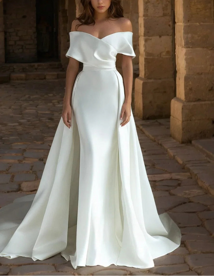 White Elegant Evening Dresses Off the Shoulder Backless Prom Dress Satin Mermaid Wedding Party Dress robe de bal Customized