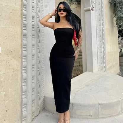Womens Strapless Dresses Summer Off White Black White Dress Midi Ruffled Off Shoulder Backless Dress Prom Vestidos 066