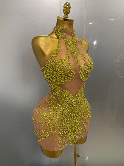 Rhinestones Sexy Mesh See Through Dress Party Evening Prom Celebrate Birthday Dress Singer Dancer Show Stage Wear