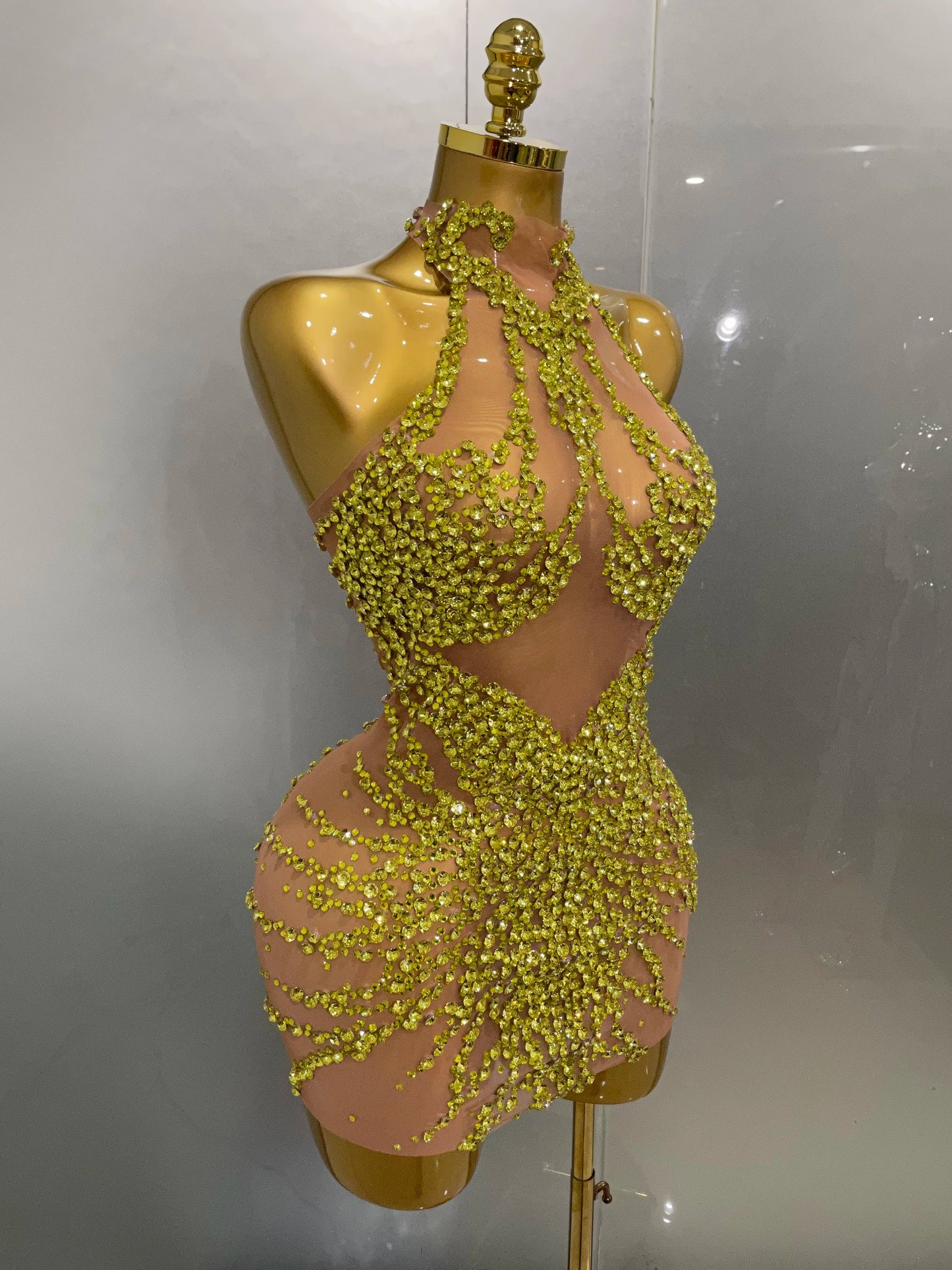 STOCK Sparkly Rhinestones Sexy Mesh See Through Dress Party Evening Prom Celebrate Birthday Dress Singer Dancer Show Stage Wear