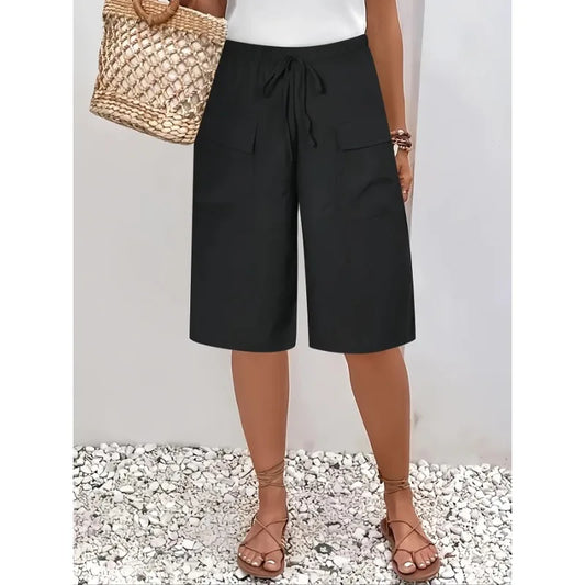 Plus Size 1XL-5XL New Women's Casual Five-point Shorts Pocket Fake Drawstring Women Clothing Beach Shorts
