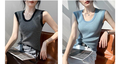 2026 Spring Summer O-Neck Striped Vest Top Simple Slim Fit Sleeveless Casual Versatile Women's Tank Top