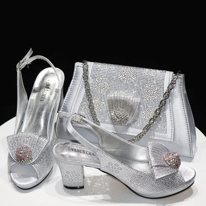 Italian Design Girly Style Golden Color Wedding Shoes And Bag Full Diamond Decoration Metal Closure Bags