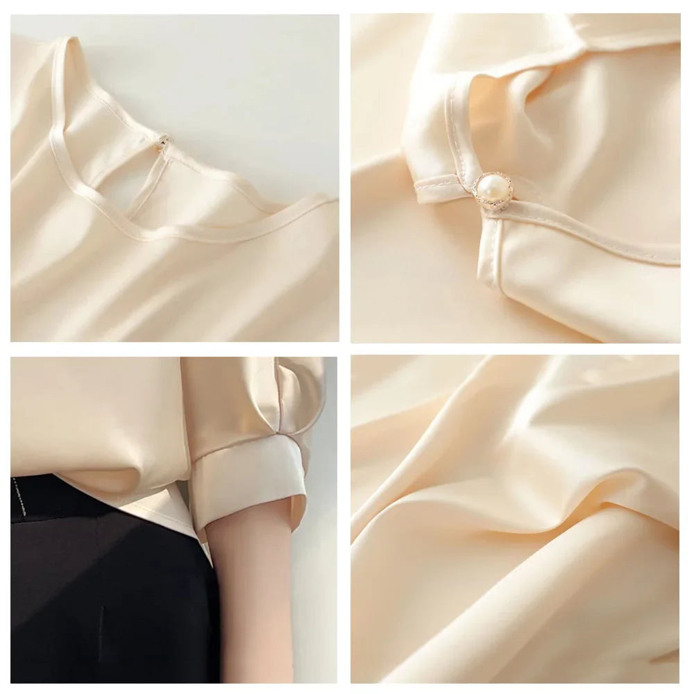 2026 New In Summer Satin Silk Half-Sleeve Tee Tops Basic Solid Women‘s T-Shirt Casual O-neck Thin Shirts Ladies Loose Blouses
