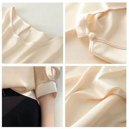 2026 New In Summer Satin Silk Half-Sleeve Tee Tops Basic Solid Women‘s T-Shirt Casual O-neck Thin Shirts Ladies Loose Blouses