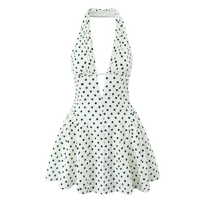 French Style Retro Polka Dot Deep V Halter Dress Women Sexy Backless A-line Slim Sweet Elegant Mini Dresses Summer Robe