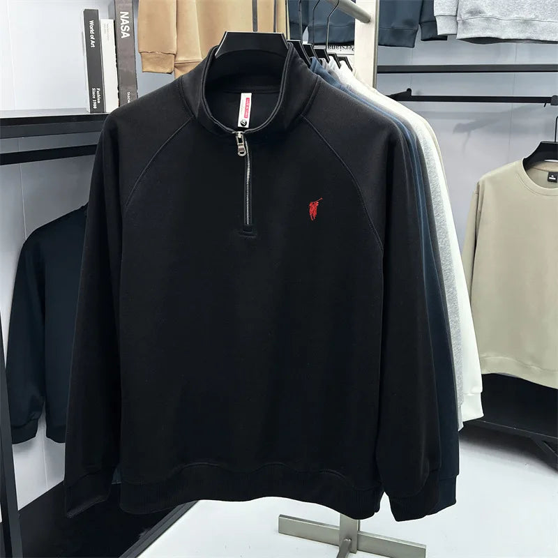 Half zip hoodie men's long sleeved t-shirt autumn plus size middle-aged and young embroidered pony logo collar polo shirt top