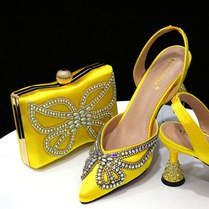 Yellow Classy Bowknot Pointed Toe Women's Shoes High Heel Elegant Sandals Shallow Mouth Shoes Bag Set Women