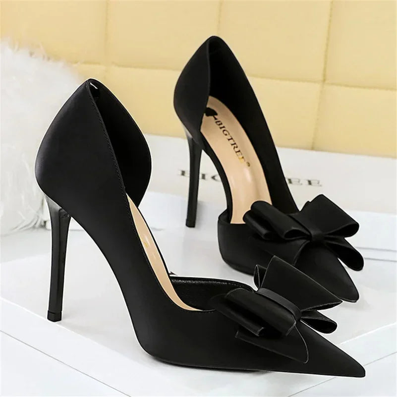 2024 Women 10.5cm High Heels Sweet Korean Side Hollow Pumps Lady Party Purple Green Kawaii Bowknot Heels Prom Silk Satin Shoes