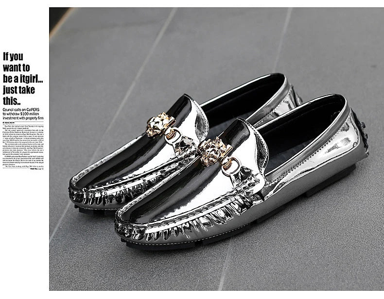 2025 Spring and Summer New Internet Celebrity Glossy Leather Peas Shoes Men's Large Size Slip-On Trendy Fashion Handmade Men's Shoes
