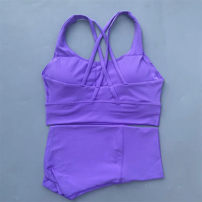 Solid Color gym bike Yoga Set short Legging +cross sport bra Tracksuit  Athletic Women Gym Suit Comprehensive Training Jogging