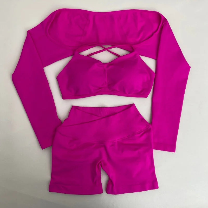Yoga Vision Shrug 3 Pieces Top Leggings Gym Set Women's Seamless High Elastic Longline Vest Buttock lift  Exercise Shorts Set