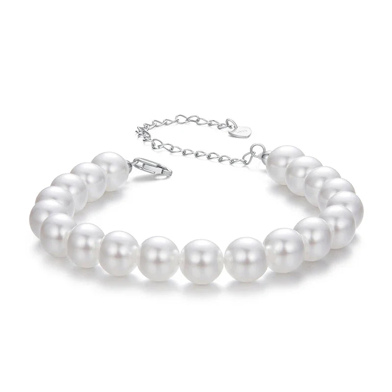 White Pearl Bracelets for Women, 925 Silver Adjustable Clasp Chain Faux Pearl Beaded Bracelets Bridal Wedding Jewelry