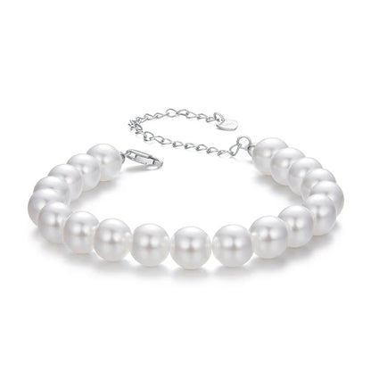 White Pearl Bracelets for Women, 925 Silver Adjustable Clasp Chain Faux Pearl Beaded Bracelets Bridal Wedding Jewelry