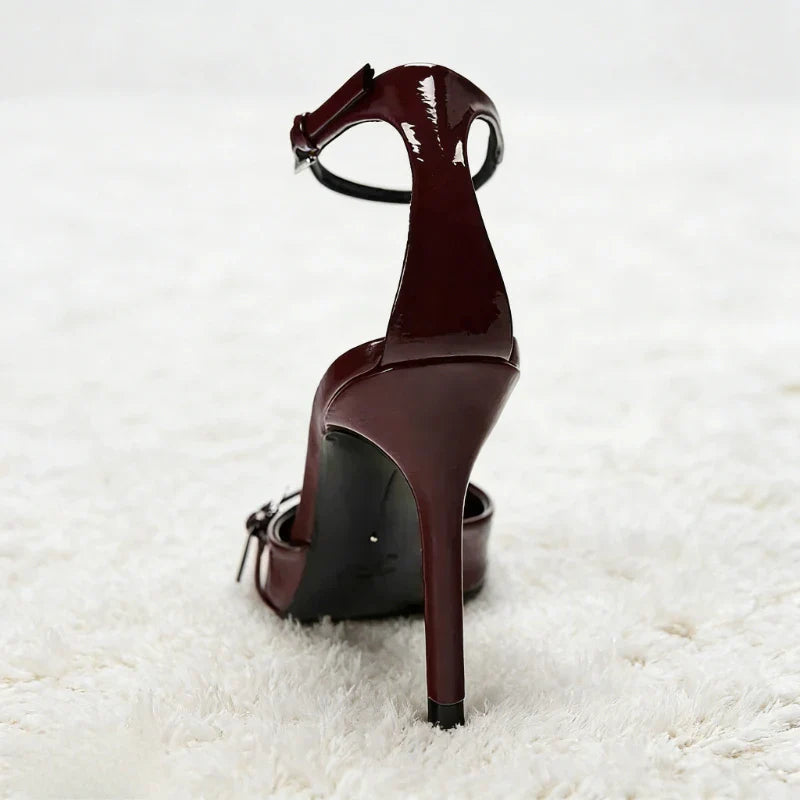 Ankle Strap Thin High Heels Women Summer Patent Leather Luxury Banquet Wedding Shoe Elegant Pointed Toe High Heeled Sandals