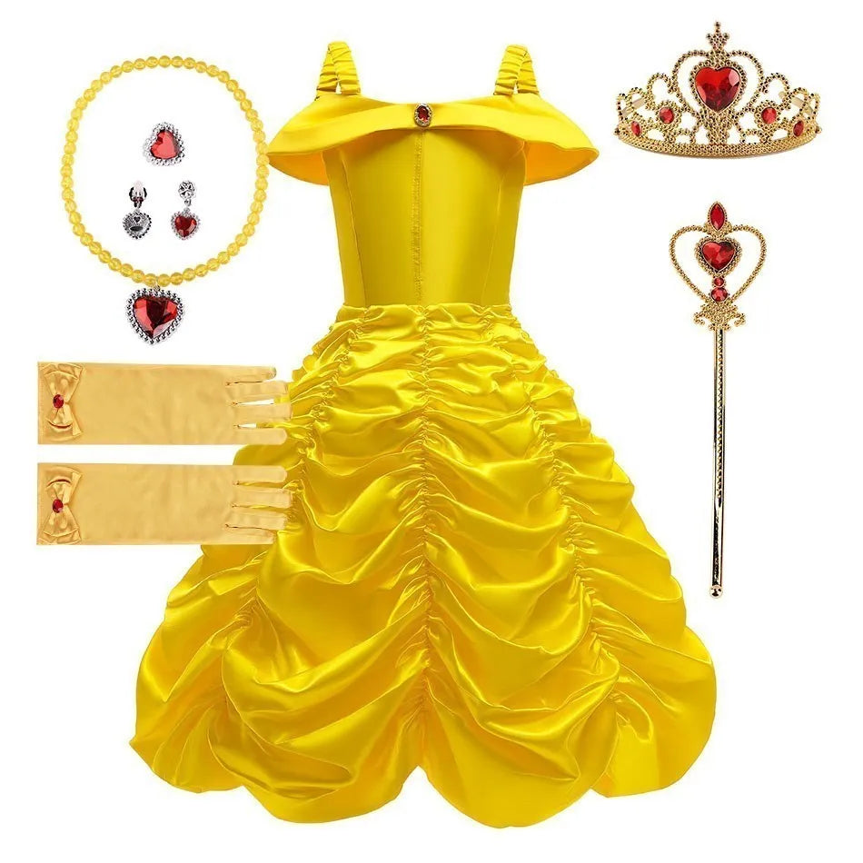 Girl Princess Dress Beauty And Beast Cosplay Costume Belle Praty Yellow Luxury Wedding Ball Gown Kid Carvinal Fancy Clothes