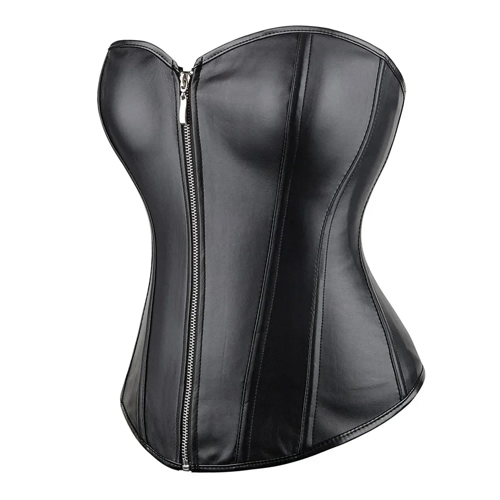 Red Black PU Leather Bustier Tops Zipper Steampunk Corset  Korset Overbust Body Shaper Women Sexy Basque