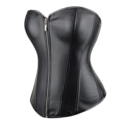 Red Black PU Leather Bustier Tops Zipper Steampunk Corset  Korset Overbust Body Shaper Women Sexy Basque