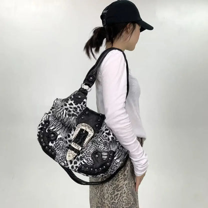 Y2K street personality spicy girl leopard print patchwork tote bag with multiple pockets and rivets retro crossbody handbag